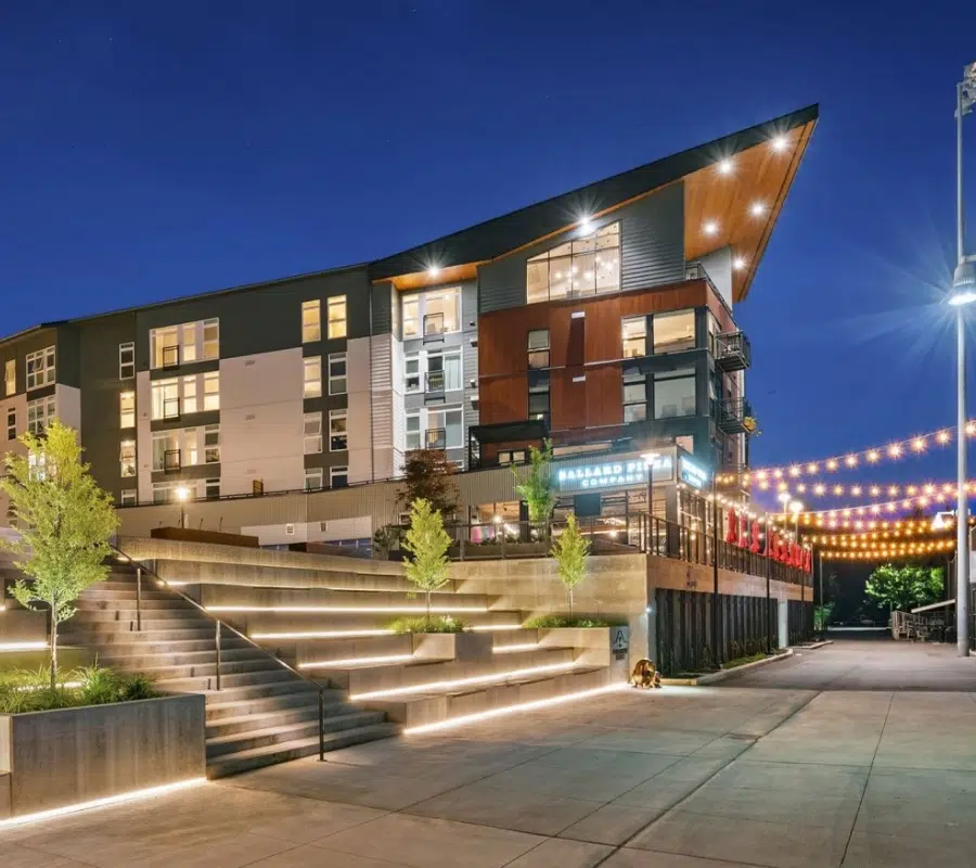 Modern building with outdoor lighting